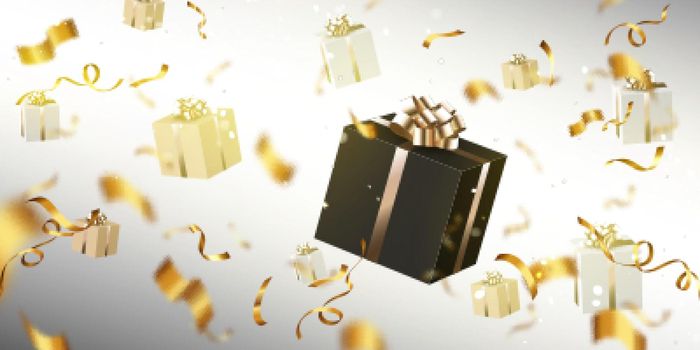 Gift boxes and confetti flying on blur background