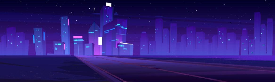 Road to night city, empty highway, purple skyline