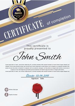 Official white certificate with blue gold stripes, education design elements, graduatioin cap in emblem. Clean modern design.. Afstract background