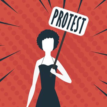 A woman is protesting with a transporter in her hands. Pop art style. Vector illustration.