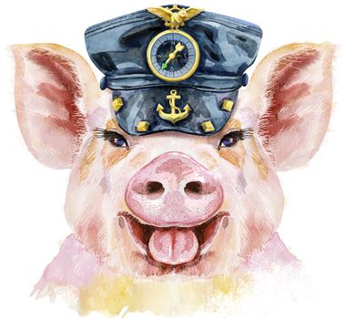 Watercolor portrait of pig in black leather cap