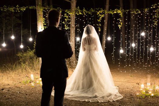Wedding ceremony night. Meeting of the newlyweds, the bride and groom in the coniferous pine forest of candles and light bulbs