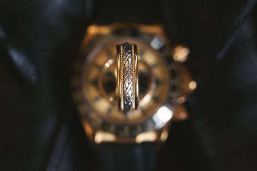 Two gold wedding rings close-up. Macro shooting