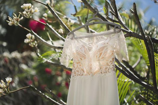 The wedding dress is hanging on a flowering tree