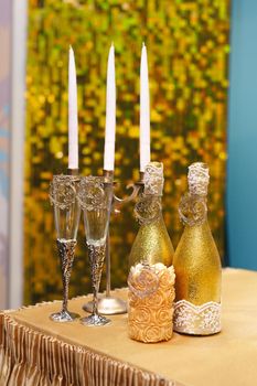 Bride and groom champagne glasses at a wedding reception