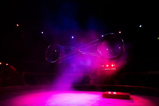 acrobats in the circus perform a complex trick.