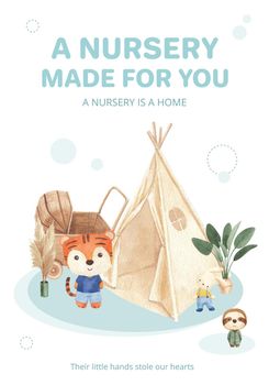 Poster template with very peri boho nursery concept,watercolor style 