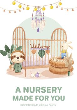 Poster template with very peri boho nursery concept,watercolor style 