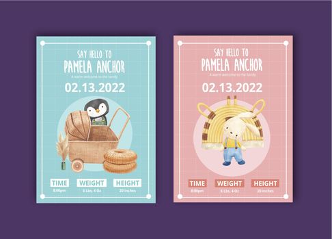 Stats card template with very peri boho nursery concept,watercolor style 