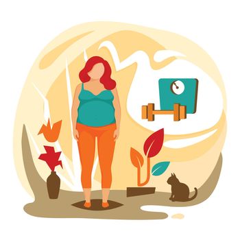 Obesity and weight problems. Fat woman and fitnes icon, flat vector illustration. Weight loss and healthy lifestyle.