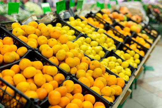 Fresh citrus are on the shelf in the store. a variety of citrus fruits. oranges, tangerines, lime, lemons. supermarket.