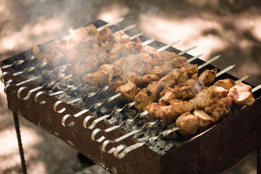 Marinated shashlik preparing on a barbecue grill over charcoal. Shashlik or Shish kebab popular in Eastern Europe. Shashlyk skewered meat was originally made of lamb. Roast Beef Kebabs On BBQ Grill