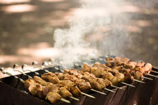 Marinated shashlik preparing on a barbecue grill over charcoal. Shashlik or Shish kebab popular in Eastern Europe. Shashlyk skewered meat was originally made of lamb. Roast Beef Kebabs On BBQ Grill.