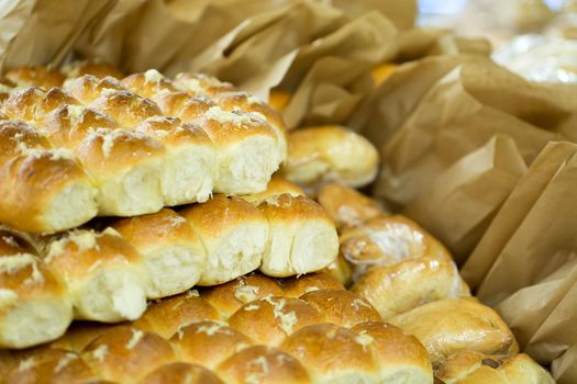 Pampushka. Traditional ukrainian buns with garlic. Bread background.