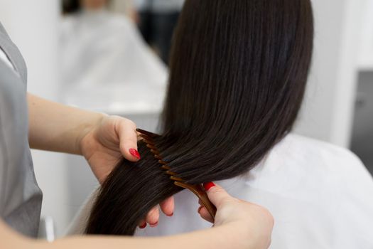 Strong, shiny and healthy long brunette hair. Hairdresser combing the hair of the client. Close-up of beautiful silky hair is in hands of stylist.