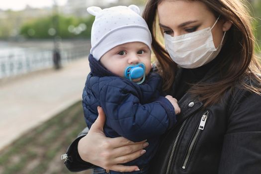 Beautiful woman and her son wear protection mask for corona virus or covid-19 virus outbreak and pm 2.5 in a city.