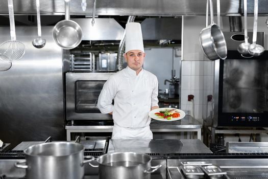 Chef in a restaurant holds a plate with a ready-made dish.