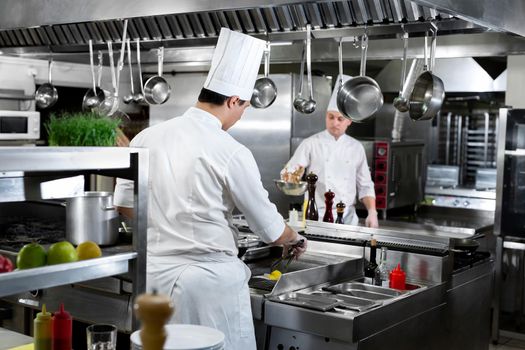 Modern kitchen. Chefs prepare dishes on the stove in the kitchen of a restaurant or hotel