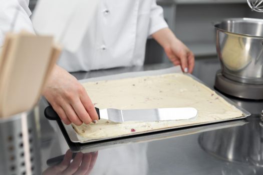 Pastry chef levels the biscuit on parchment before baking