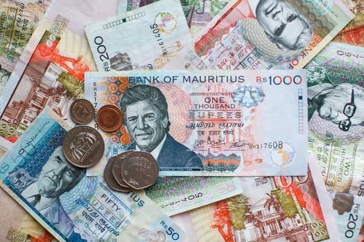Mauritius money. Mauritius Rupee notes and coins close up