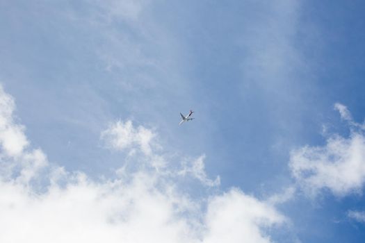 Plane in flight against the blue sky.