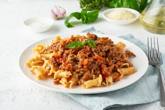 Pasta Bolognese campanelle with mincemeat and tomato sauce