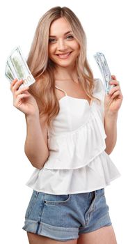 Young happy woman with dollar banknotes in hand isolated on white background