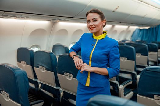 Cheerful flight attendant standing in aircraft passenger cabin