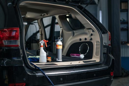 Clean open empty car trunk in the car detailing service