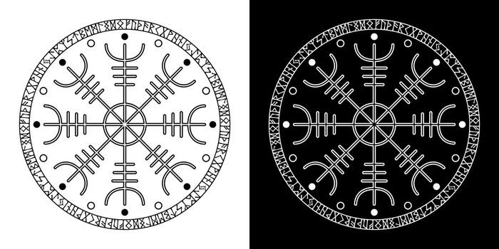 Helm of awe helm of terror. Aegishjalmur Icelandic magical staves with scandinavian runes. Isolated on white, vector illustration