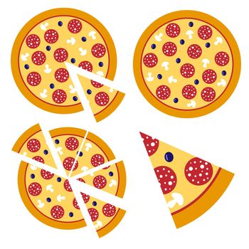 Pizza slice vector, Italian food pizzeria isolated icon. An appetizer with mushrooms, salami, and olives. Vector illustrations for the pizzeria menu.