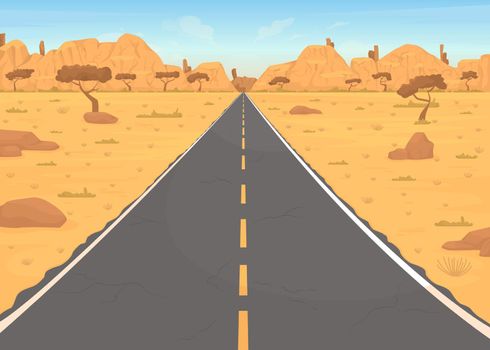 Scenic desert road flat color vector illustration