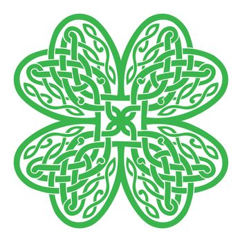 Four-leaf clover shaped knot made of Celtic heart shape knots, green silhouette, celtic style tattoo. Isolated vector illustration