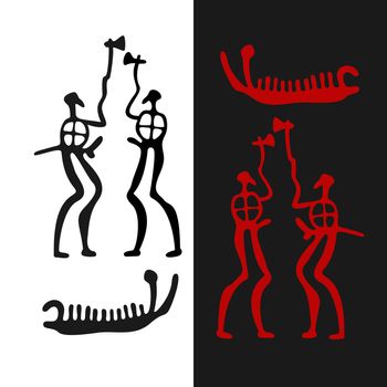 Petroglyphs of two ancient warriors with axes and a drakkar, vector illustration. Ancient drawings on the stones of Scandinavia. Isolated on white and black background. Viking rock paintings.