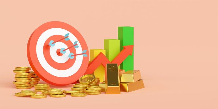 Financial goals with dollars, gold and bullish charts, 3d illustration