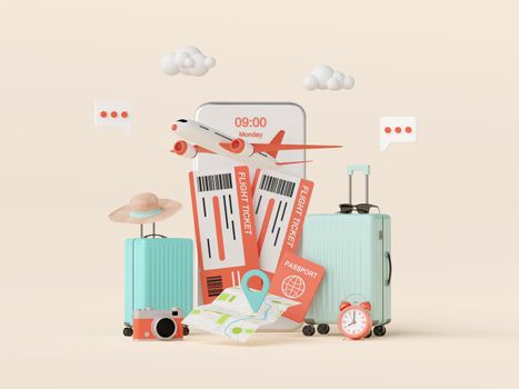 Flight booking, buy ticket or checkin application on smartphone, 3d illustration