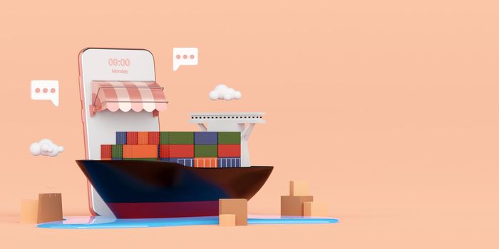 Global logistics, Cargo ship transportation via smartphone, 3d illustration