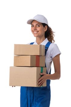 Delivery woman with packed boxes