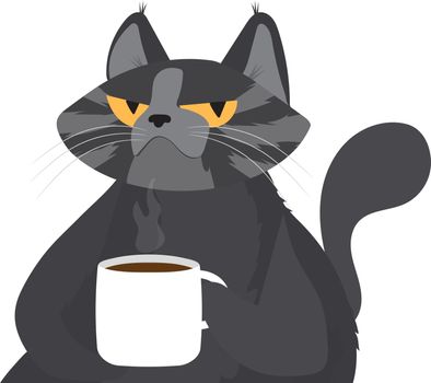 Cat hugs a big coffee cup. Vector illustration for coffee houses. Isolated on white background. Can be used for menu, logo or flyer, greeting card, design t-shirt, print or poster.