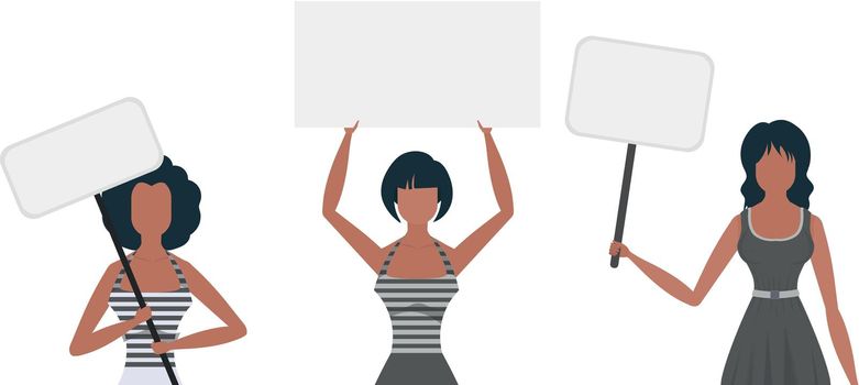 A cute girl is protesting with a banner. Protest concept. Set for banners and designs. Vector illustration.