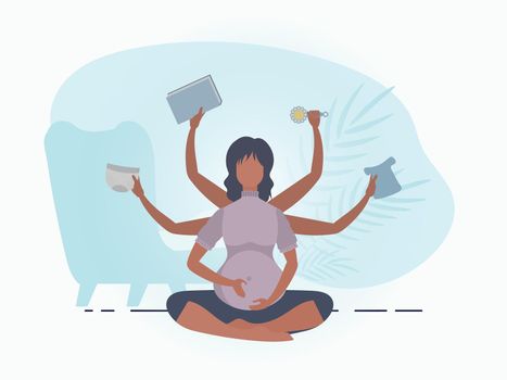 Pregnant girl in the lotus position. Active well built pregnant female character. Banner in blue tones for you. Flat vector illustration.