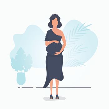 Pregnant girl in full growth. Well built pregnant female character. Banner in blue tones for you. Flat vector illustration.
