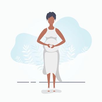 Pregnant girl in full growth. Well built pregnant female character. Postcard or poster in gentle colors for you. Flat vector illustration.