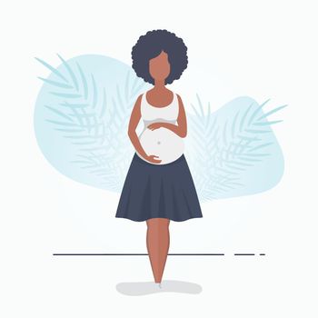 Full length pregnant woman. Well built pregnant female character. Banner in blue tones for you. Flat vector illustration.