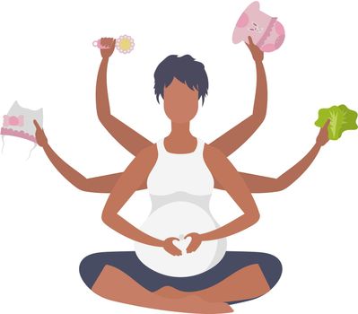 Pregnant girl in the lotus position. Active well built pregnant female character. Isolated. Vector illustration in cartoon style.