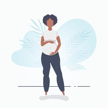 Full length pregnant woman. Well built pregnant female character. Banner in blue tones for you. Vector illustration in cartoon style.