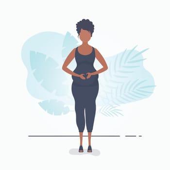Full length pregnant woman. Well built pregnant female character. Postcard or poster in gentle colors for your design. Vector illustration in cartoon style.