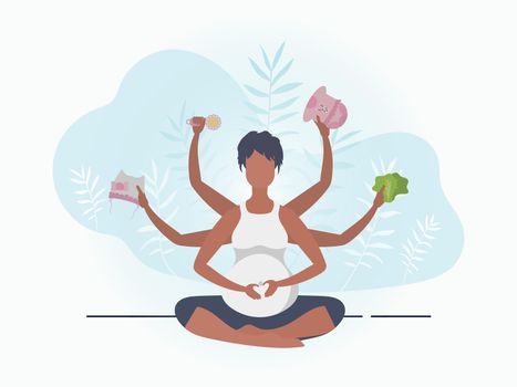 Yoga for pregnant women. Active well built pregnant female character. Postcard or poster in gentle colors for you. Flat vector illustration.