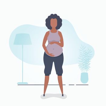 Pregnant girl in full growth. Well built pregnant female character. Banner in blue colors for your design. Flat vector illustration.