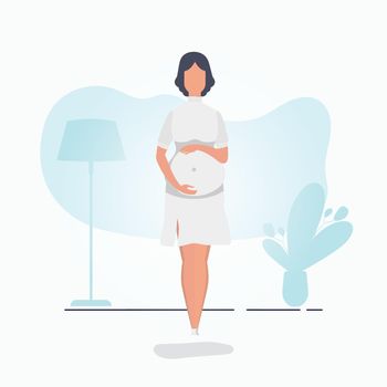 Pregnant girl in full growth. Well built pregnant female character. Postcard or poster in gentle colors for your design. Vector illustration in cartoon style.